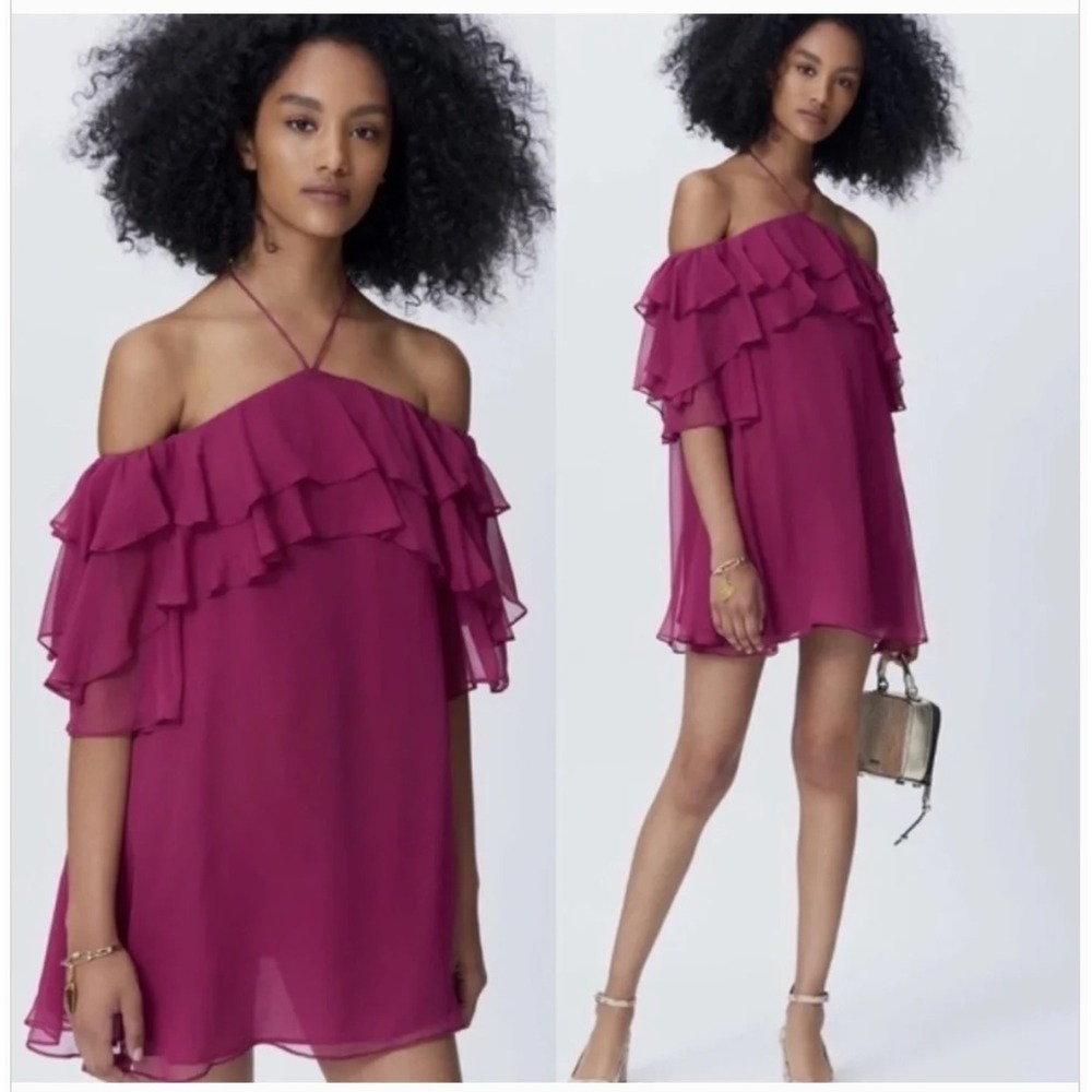 NWT Rebecca Minkoff Dena Dress Raspberry Ruffle Off Shoulder Tassel Small Boho